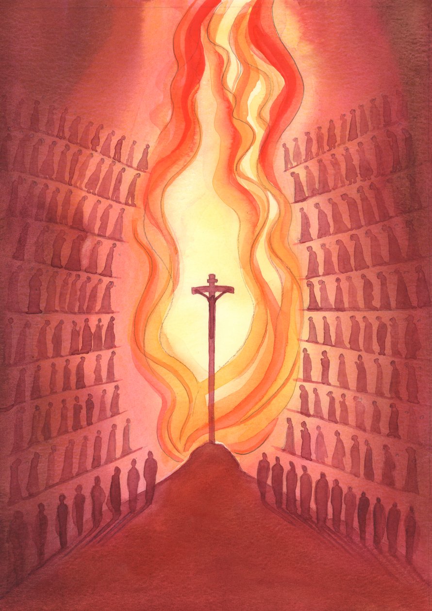 Através da Missa, cada geração do povo de Deus está presente ao único Sacrifício a Cristo, representado no altar., 2001 (w - c no papel) de Elizabeth Wang