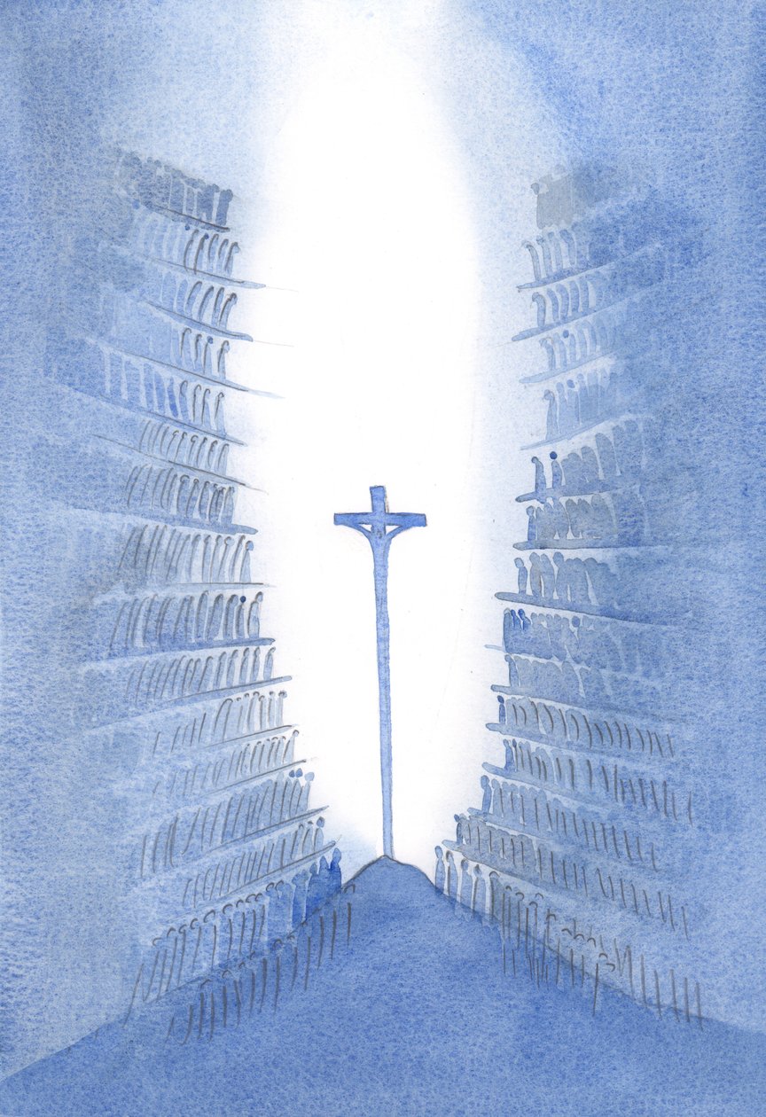 Através da Missa, cada geração do povo de Deus está presente ao único Sacrifício a Cristo, representado no altar., 2001 (w - c no papel) de Elizabeth Wang