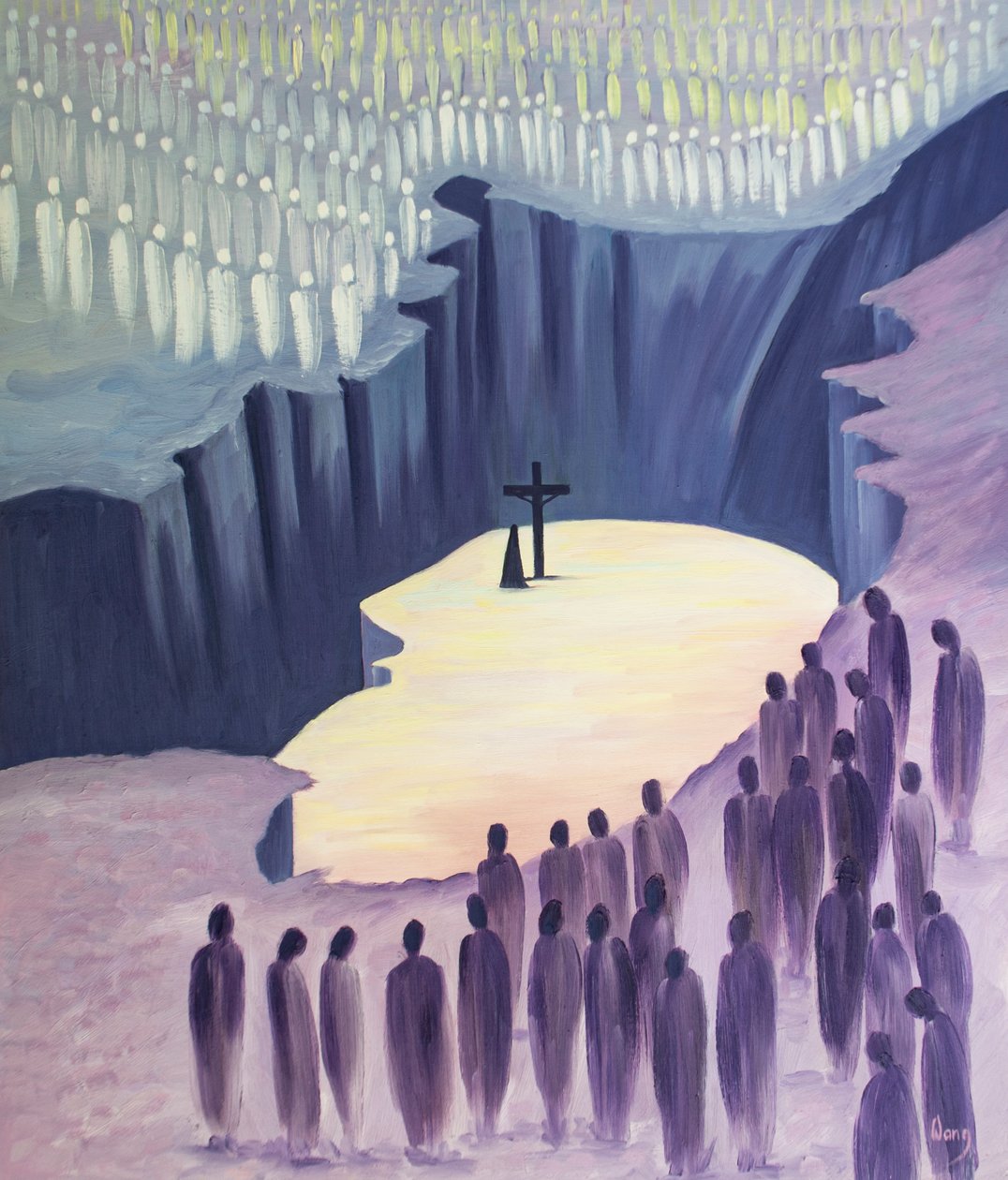 Através da missa, estamos unidos aos santos em torno do único sacrifício de Cristo, 2001 (óleo a bordo) de Elizabeth Wang