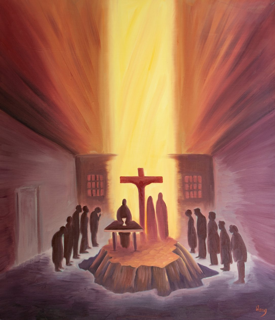 Através da Missa estamos unidos a toda a Igreja em torno da Cruz do Calvário de 2001 (óleo a bordo) de Elizabeth Wang