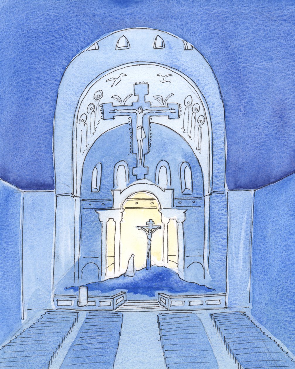 O tempo e o espaço parecem desaparecer na missa, após a consagração, 2004 (w - c no papel) de Elizabeth Wang