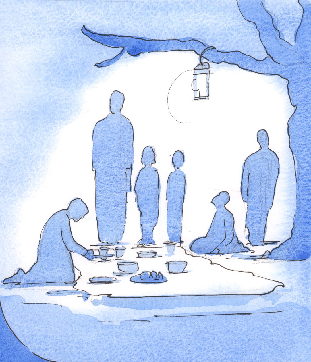 Tempo para uma parada: Assim como a família peregrina usa suas provisões, a Igreja desfruta de luz, liderança, alimento e meios de manutenção e missão, 2003 (w - c no papel) de Elizabeth Wang