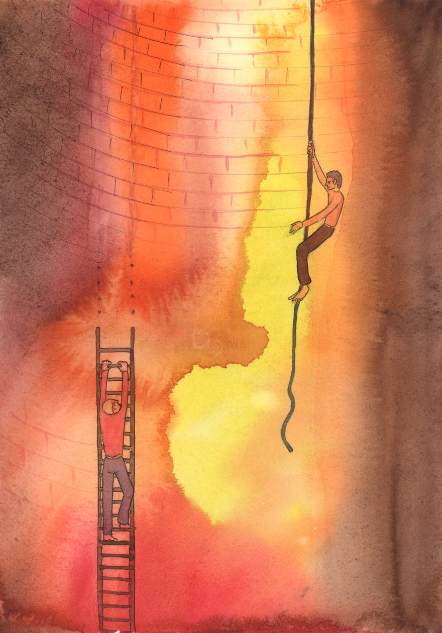 Interceder por alguém preso em um pecado grave é como estender a mão para um homem preso em uma escada quebrada, com apenas o Inferno abaixo., 2004 (w - c no papel) de Elizabeth Wang