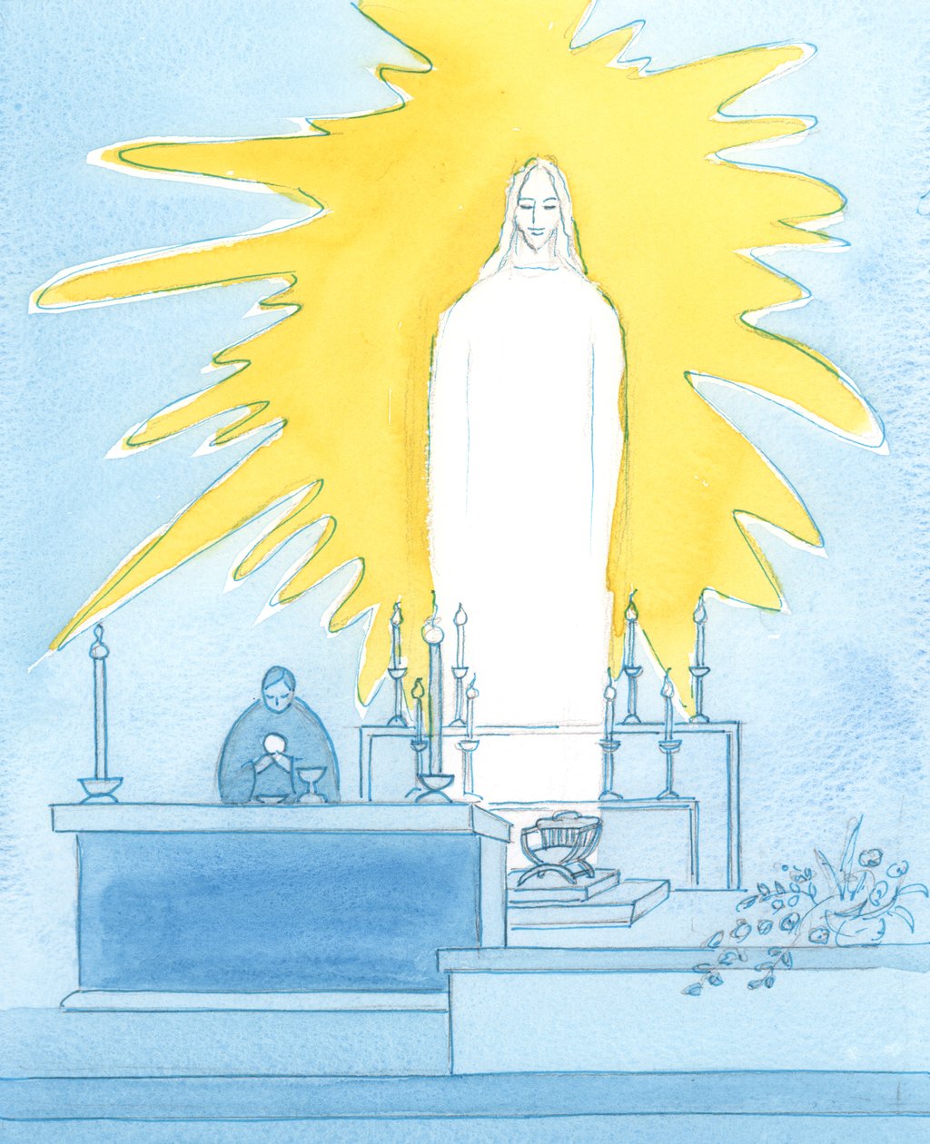 Verdadeiramente, Cristo nosso Deus está presente diante de nós, Corpo, Sangue, Alma e Divindade: Presente na glória em cada Missa para orar ao Pai em nosso nome, 2003 (w - c no papel) de Elizabeth Wang