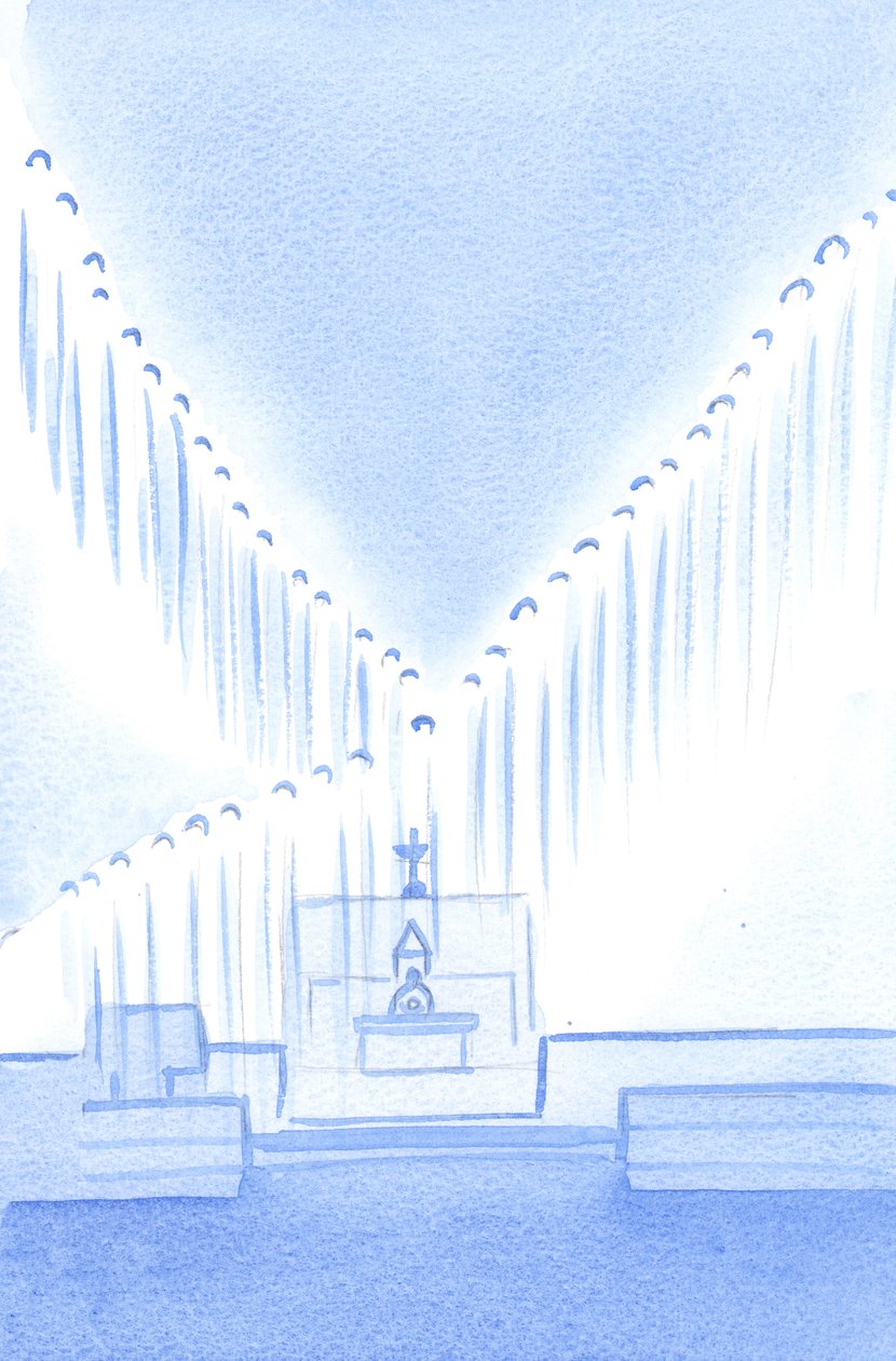 Fazemos bem em saudar os Santos Anjos que, em guarda, orando, enchem o Santo Lugar que é o nosso santuário, 2002 (w - c no papel) de Elizabeth Wang