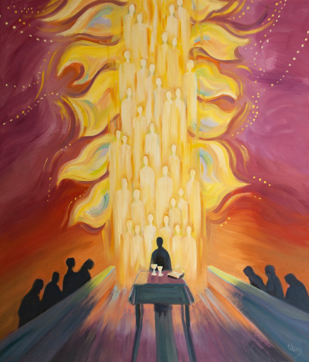 Nós nos juntamos aos Anjos na Missa, que ecoam nossa adoração, como se agitando bandeiras brilhantes de alegria, enquanto celebramos a gloriosa Ressurreição de Cristo, 2000 (óleo a bordo) de Elizabeth Wang