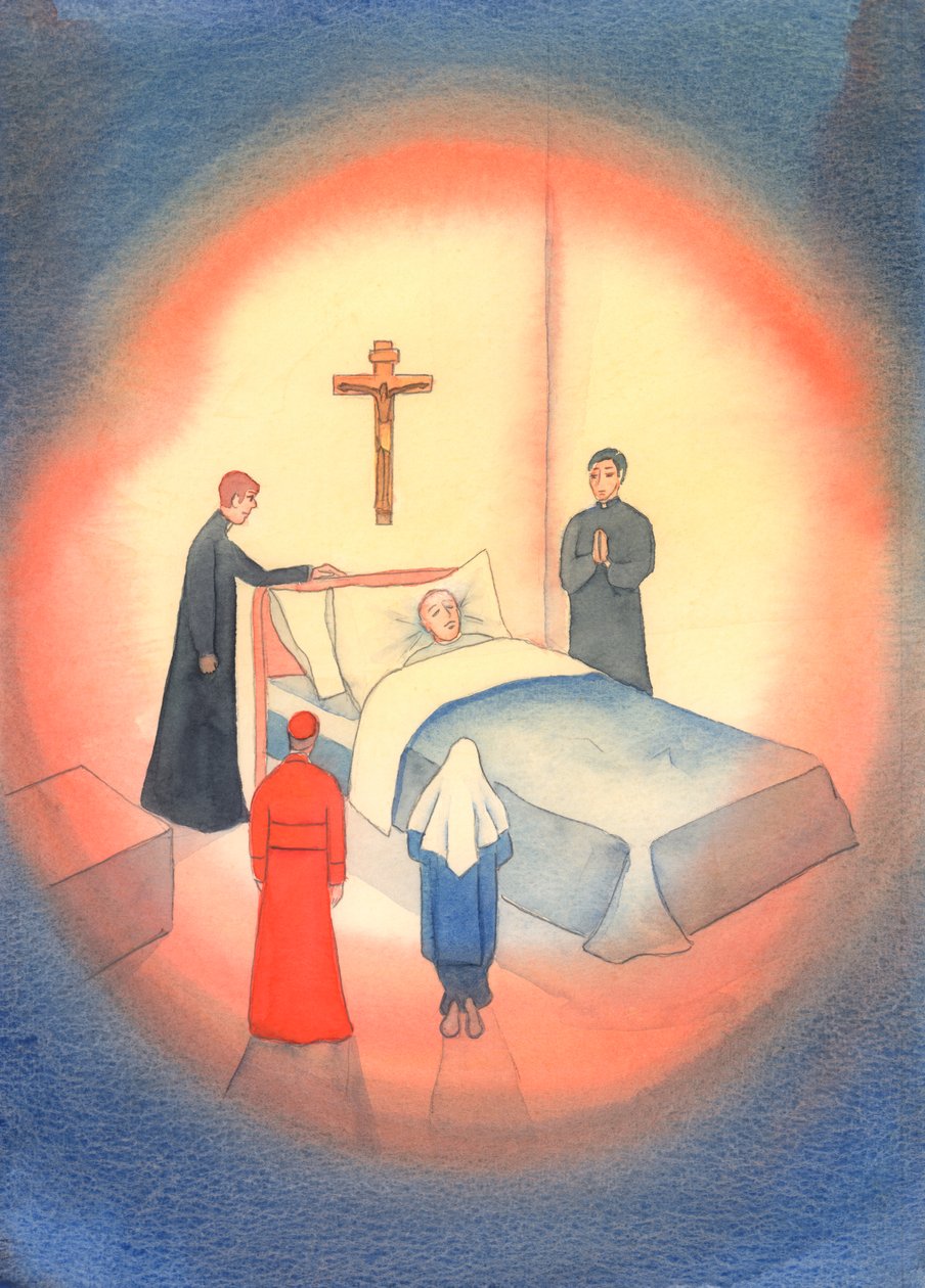 Devemos nos preparar para uma &39;boa morte&39;. Uma alma em perigo pode ser salva, pela fé e pelos sacramentos - sejam pessoas pouco conhecidas ou papas., 2003 (w - c no papel) de Elizabeth Wang
