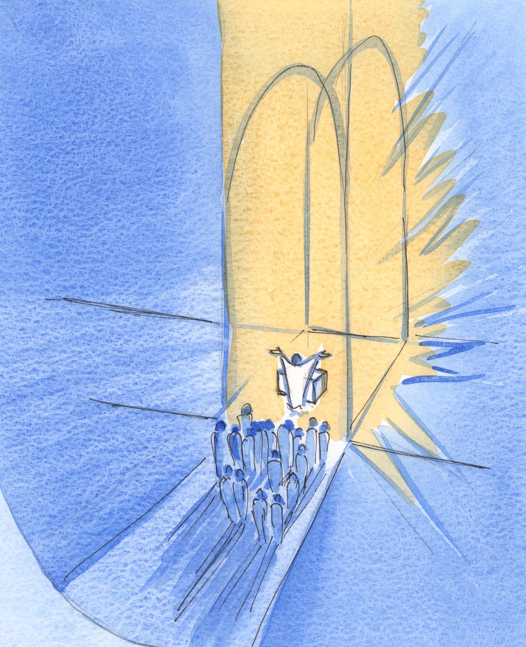 Nós, que estamos diante do altar, fomos reunidos aqui pelo próprio Deus. Vivemos em Sua gloriosa amizade, Cristo em nosso meio, 2002 (w - c no papel) de Elizabeth Wang