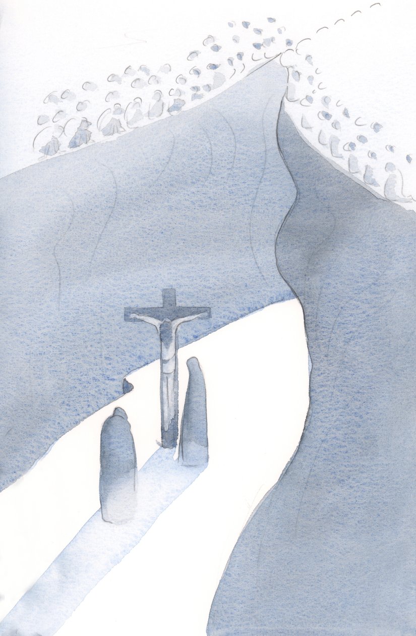 Que abismo está diante de nós na missa, pois nos tornamos parte do Único Sacrifício pelo pecado, unidos ao passado quando Cristo na Cruz nos salvou., 2001 (w - c no papel) de Elizabeth Wang
