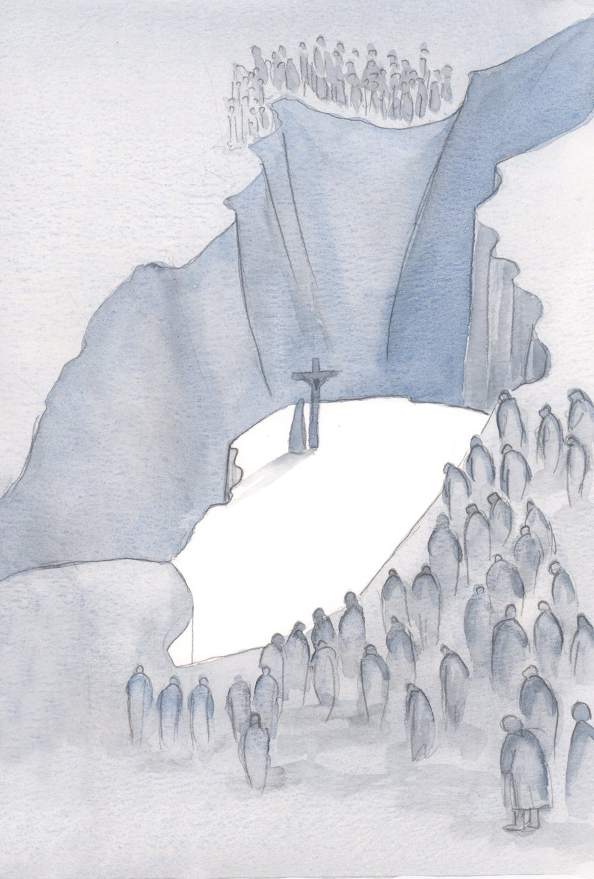 Que abismo está diante de nós na missa, pois nos tornamos parte do Único Sacrifício pelo pecado, unidos ao passado quando Cristo na Cruz nos salvou., 2001 (w - c no papel) de Elizabeth Wang