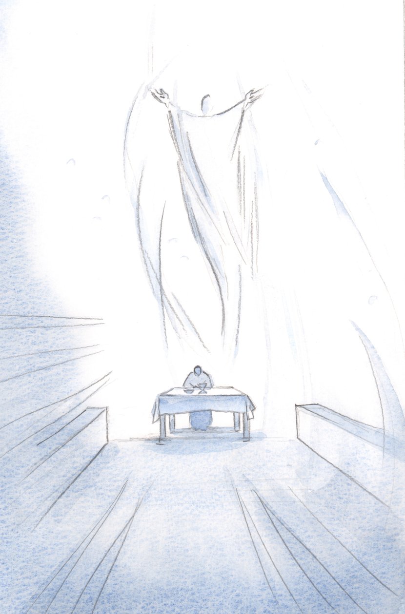 Que festa é o sacrifício de Cristo de si mesmo no altar; Seus anjos estão alegres na glória de seu Senhor Ressuscitado., 2001 (w - c no papel) de Elizabeth Wang