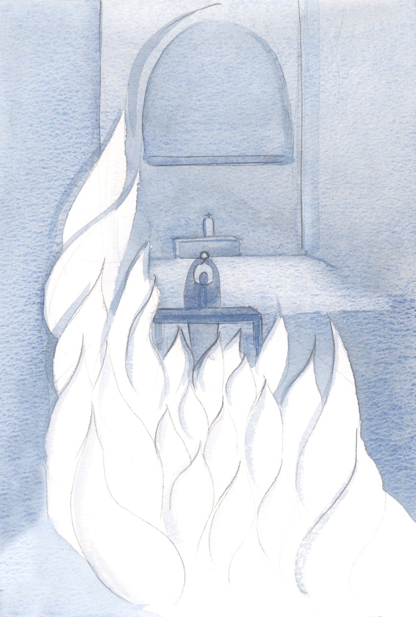 Que harmonia é o nosso louvor! Nossas orações - como chamas - são misturadas com as puras &39;chamas&39; dos louvores do Anjo., 2000 (w - c no papel) de Elizabeth Wang