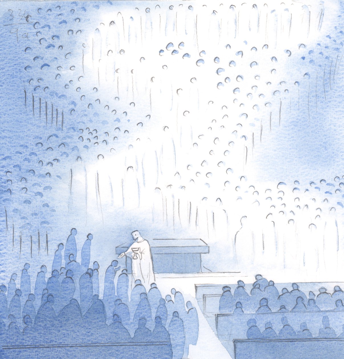 Que paz é dada por Cristo, em Comunhão, com a grande companhia dos anjos e dos santos aqui reunidos na alegria, 2000 (w - c no papel) de Elizabeth Wang