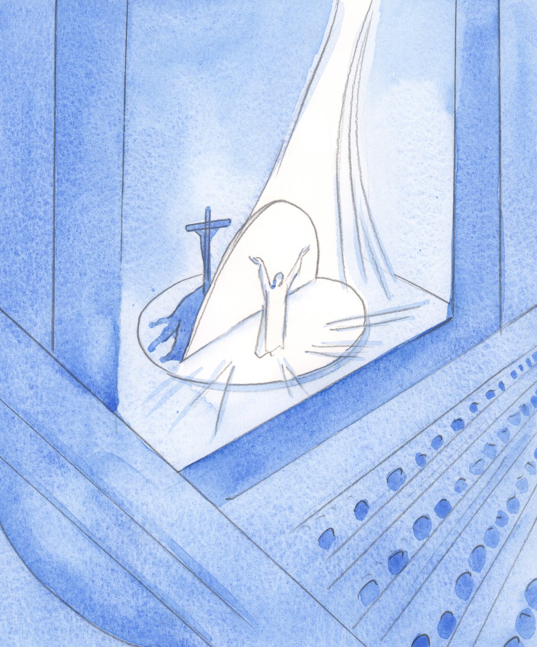 Quando Cristo está realmente presente diante de nós, no Santo Sacrifício, estamos presentes a toda a Sua vida, que está "Nele agora", 2002 (c - c no papel) de Elizabeth Wang