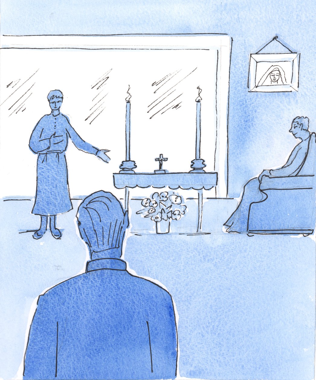 Quando Cristo &39;visita os enfermos&39; através do Santíssimo Sacramento sendo trazido por um sacerdote ou ministro extraordinário da comunhão a um doente, 2004 (w - c no papel) de Elizabeth Wang