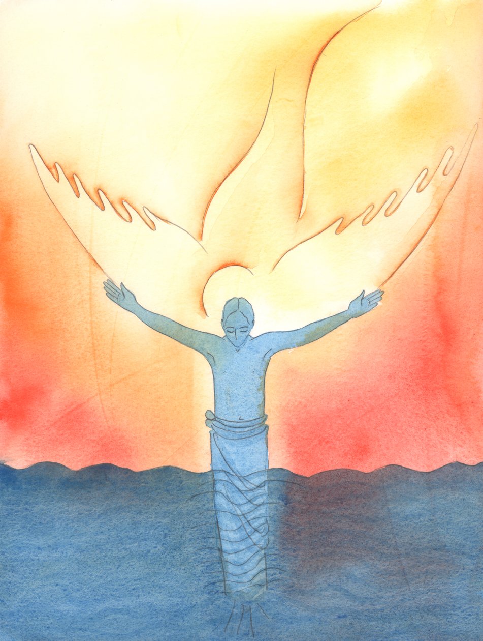 Quando Cristo foi batizado no rio Jordão, o Espírito Santo apareceu como uma pomba, enquanto o Pai falava com amor do Céu, 2003 (w - c no papel) de Elizabeth Wang