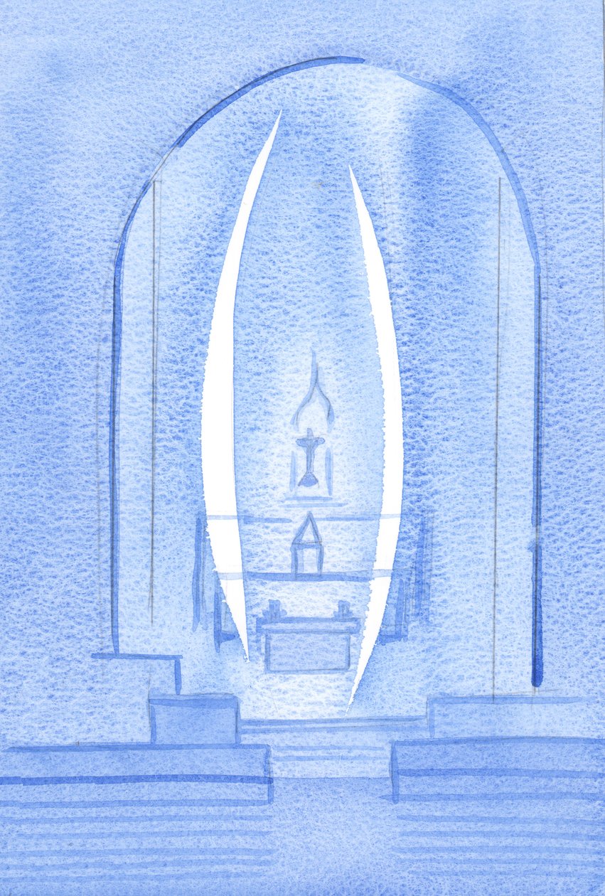 Quando agradeci a Cristo por Sua Presença aqui, Ele me mostrou que dois Anjos Sagrados e Radiantes guardam o Tabernáculo, 2002 (w - c no papel) de Elizabeth Wang