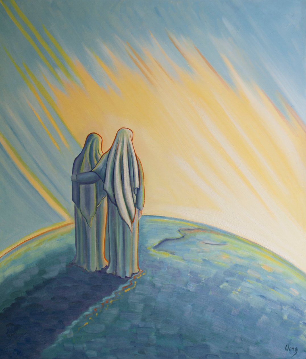 Quando Nossa Senhora saudou Isabel na Visitação, eles louvaram a Deus por Seu amor. Nossa Senhora teve em mente o mundo inteiro que Seu Filho desejava ajudar, 2002 (óleo a bordo) de Elizabeth Wang