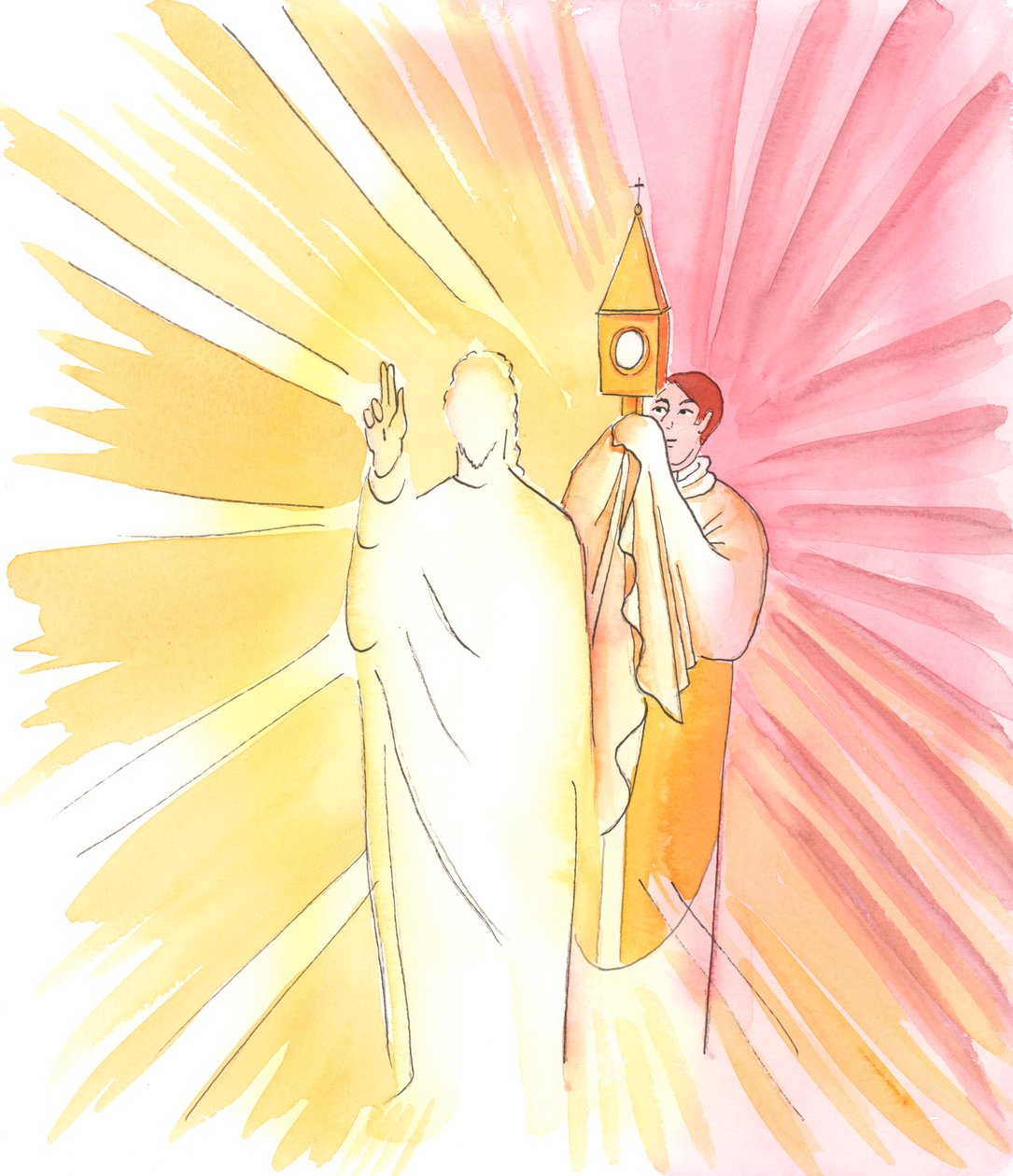 Quando um sacerdote segura a custódia com a Hóstia Sagrada e nos abençoa com ela, o próprio Cristo nos abençoa, embora não o vejamos, 2003 (c - c no papel) de Elizabeth Wang