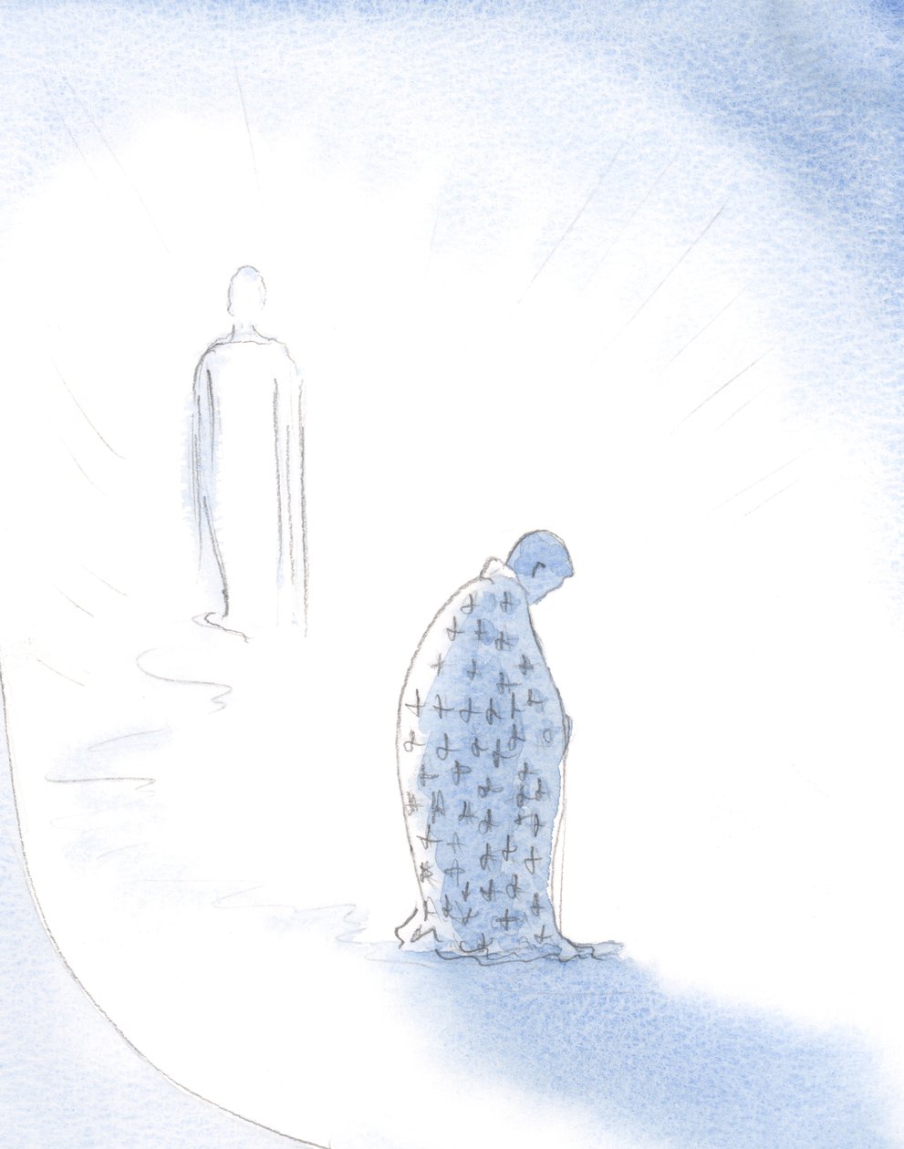 Quando uma alma desiste de suas ambições pessoais, por amor de Cristo, Cristo dá a ela o manto que ela vestirá ao caminhar em direção ao Pai., 2001 (w - c no papel) de Elizabeth Wang