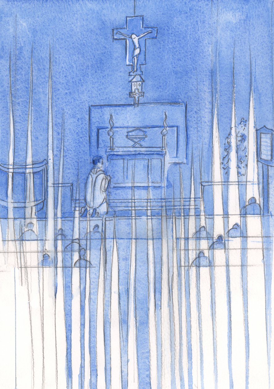 Quando os fiéis rezam o Santo Rosário, os Santos Anjos os rodeiam e vigiam, em silêncio reverente, 2002 (w - c no papel) de Elizabeth Wang