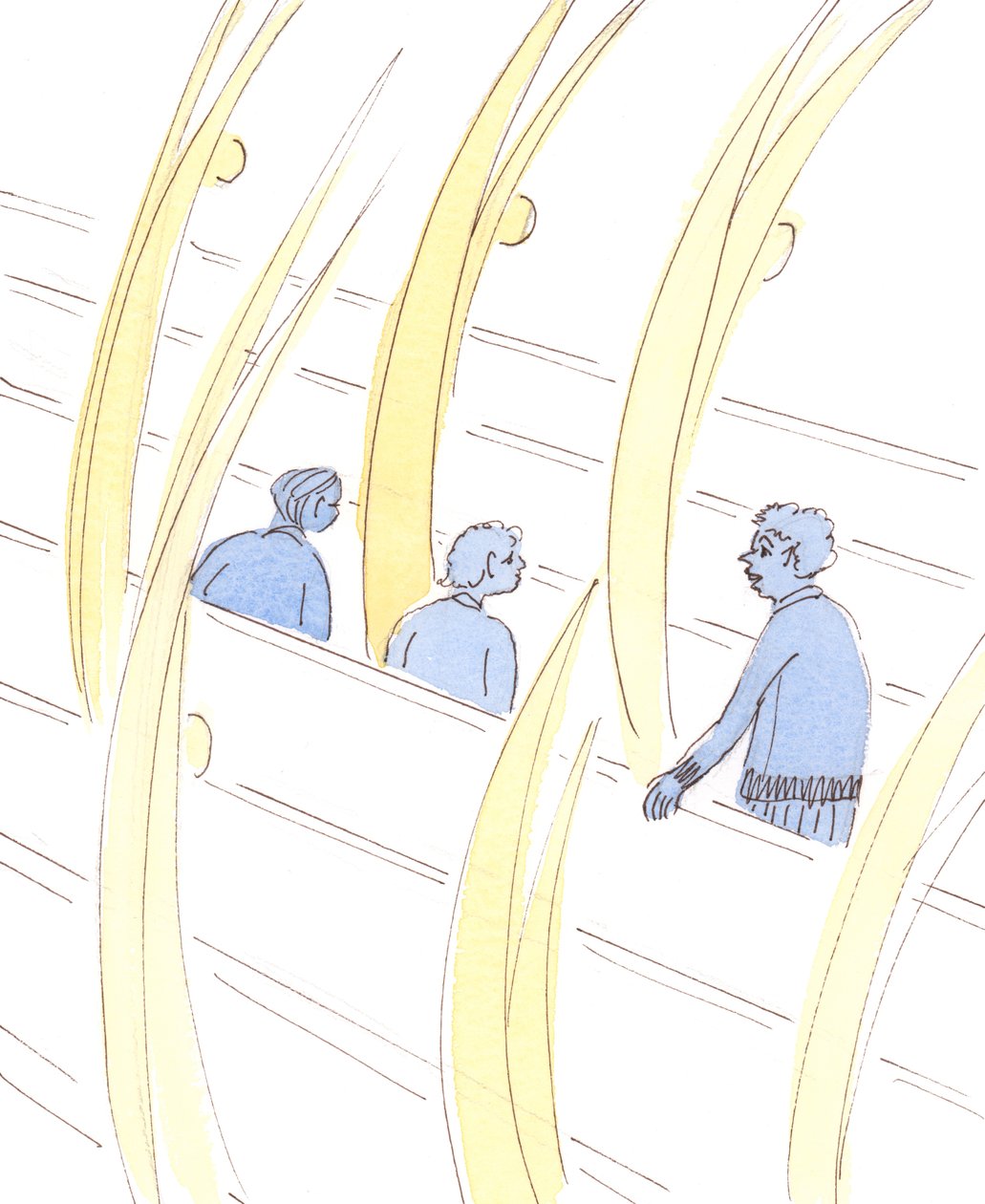 Quando as pessoas conversam desnecessariamente na igreja, seus anjos da guarda ainda oram a Jesus e O honram com seu silêncio reverente, 2004 (w - c no papel) de Elizabeth Wang