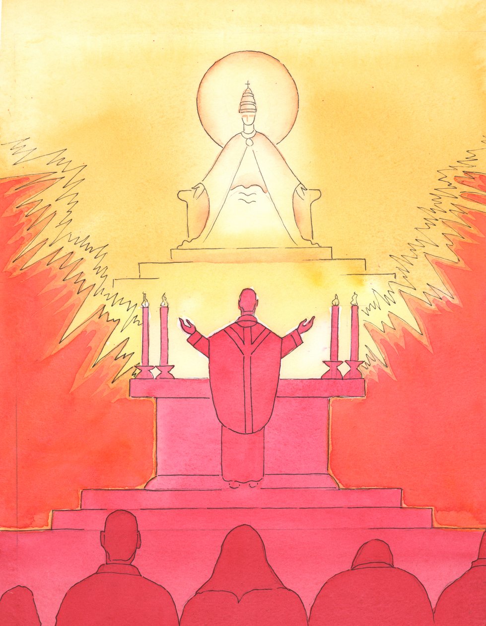 Quando o sacerdote e as pessoas se voltam na mesma direção na missa, todos olham juntos, para o Pai, para louvá-lo por meio de Cristo., 2004 (c - c no papel) de Elizabeth Wang