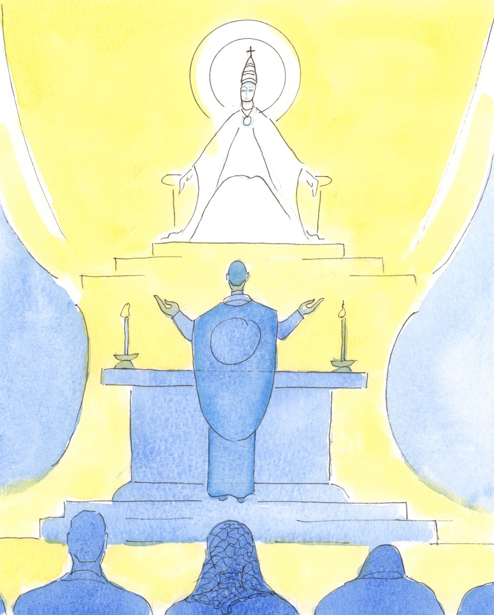Quando o sacerdote e as pessoas se voltam na mesma direção na missa, todos olham juntos, para o Pai, para louvá-lo por meio de Cristo., 2004 (c - c no papel) de Elizabeth Wang