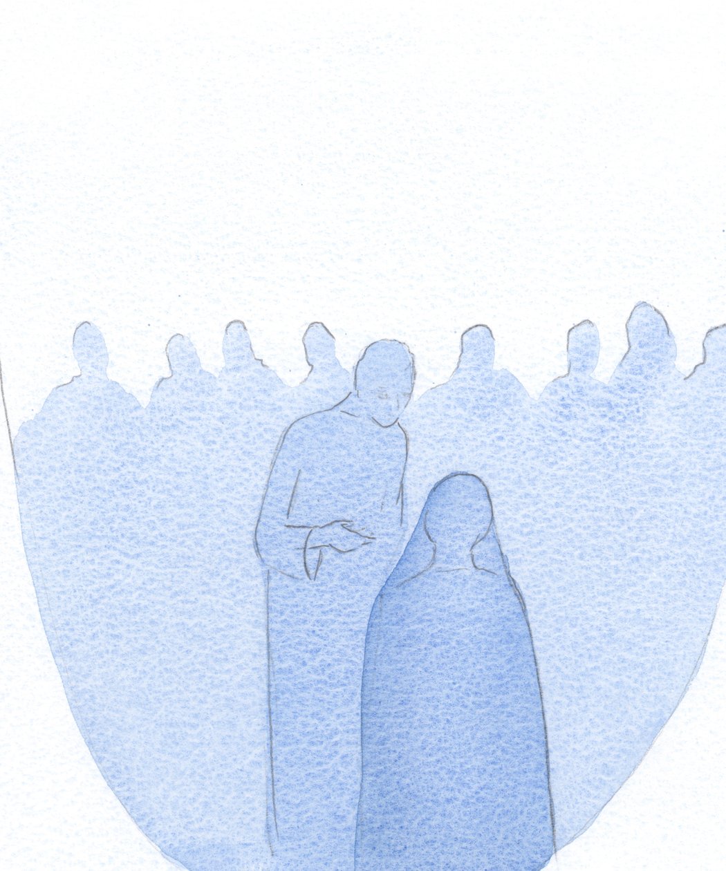 Quando o menino Jesus foi encontrado no Templo, inclinou-se para a frente, explicando calmamente a Sua Santa Mãe (com infinita bondade) que Seu trabalho já havia começado., 2001 (w - c no papel) de Elizabeth Wang