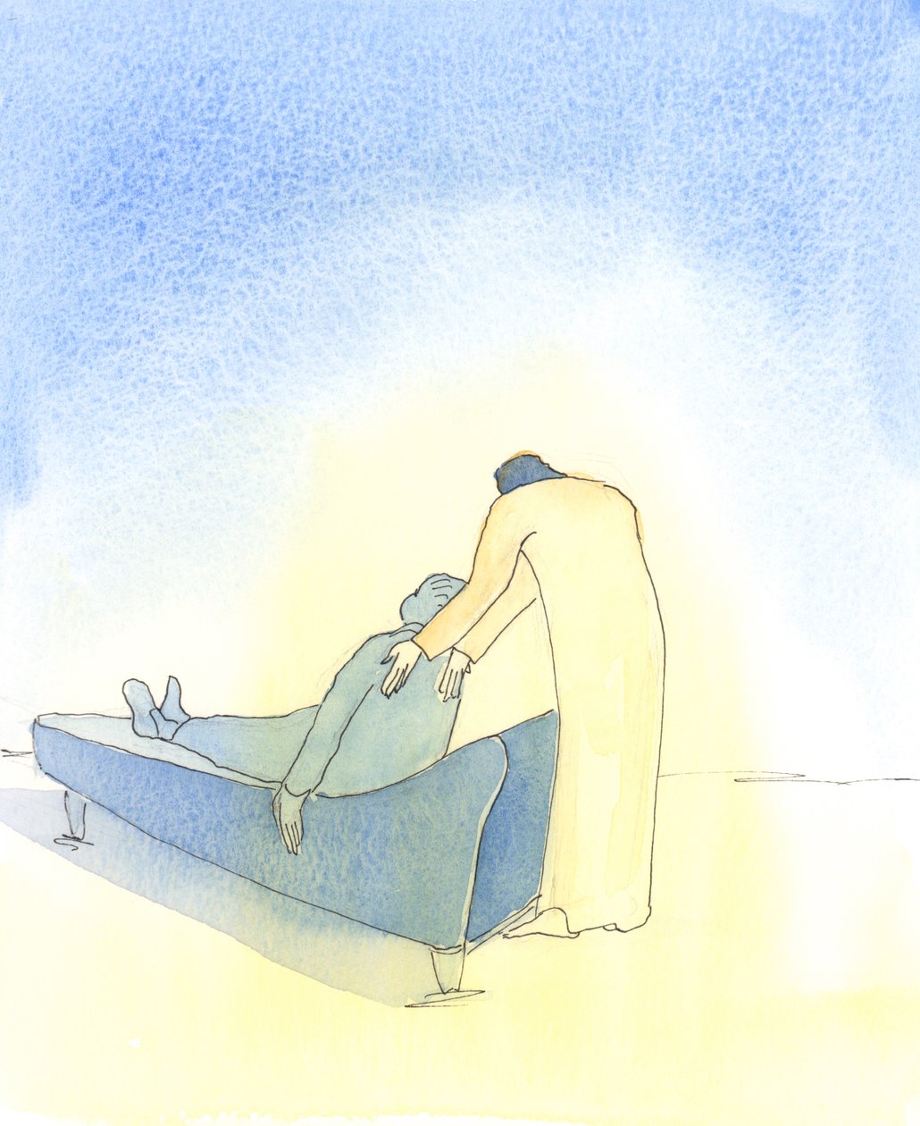 Quando estamos doentes, e Cristo vem a nós na Sagrada Comunhão, é como se Ele insistisse em nos ajudar a deitar no sofá, 2003 (w - c no papel) de Elizabeth Wang