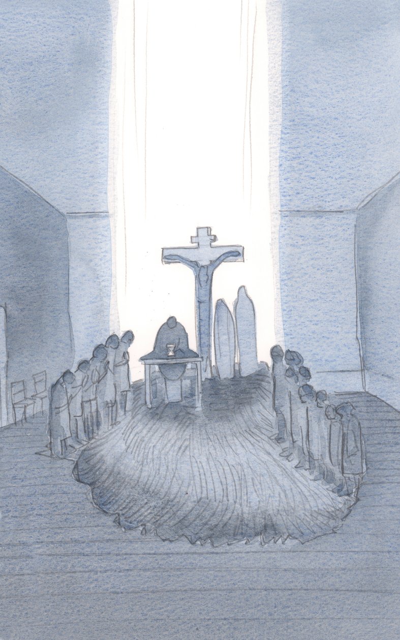 Quando atendemos e oferecemos o único e inspirador Sacrifício, encontramos o Calvário, aqui no altar., 2001 (w - c no papel) de Elizabeth Wang