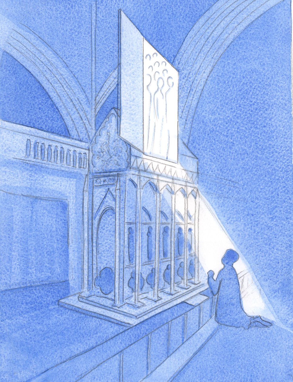 Quando honramos a Deus e Seus Santos, em um santuário consagrado pela Igreja ou relíquias ou martírio ou costume, os Santos &39;se acotovelam&39; pela alegria de nos ajudar, 2002 (c - c no papel) de Elizabeth Wang