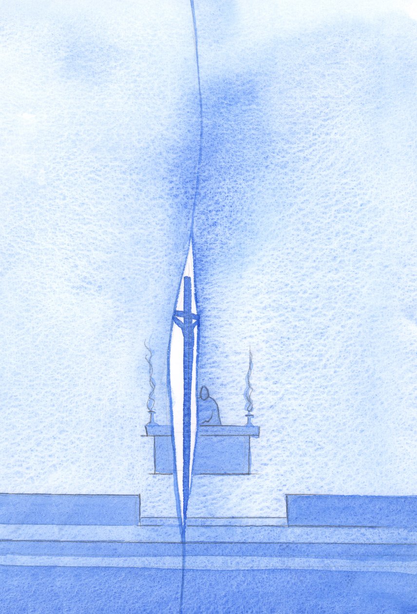 Quando oferecemos o Santo Sacrifício da Missa, uma separação aparece no Tecido de tempo e nós tocamos o momento da morte de Cristo no Calvário, 2002 (w - c no papel) de Elizabeth Wang
