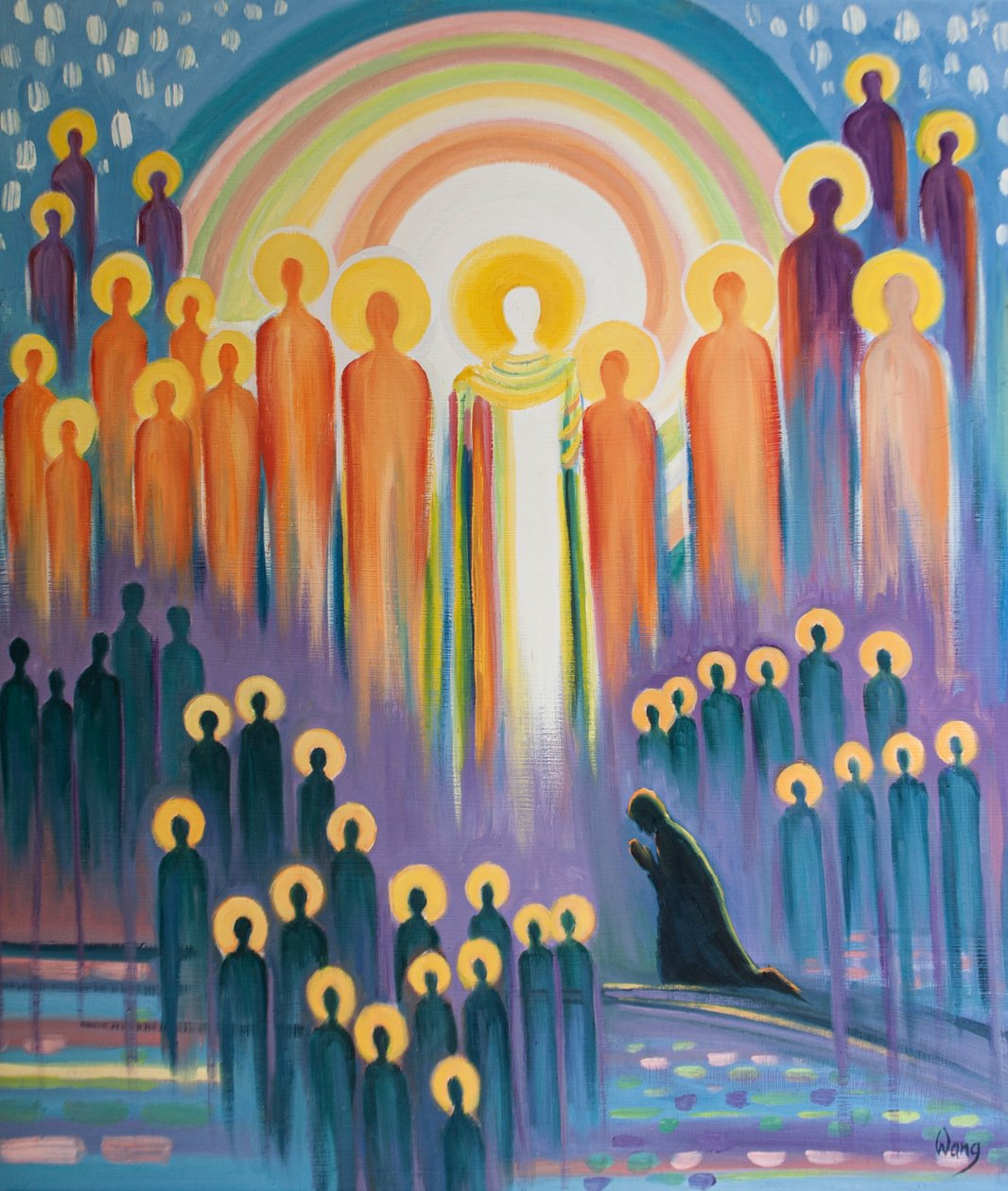 Quando rezamos na Missa, estamos unidos a Cristo na Glória e ao encontro dos Seus santos e das almas do Purgatório, 2000 (óleo a bordo) de Elizabeth Wang