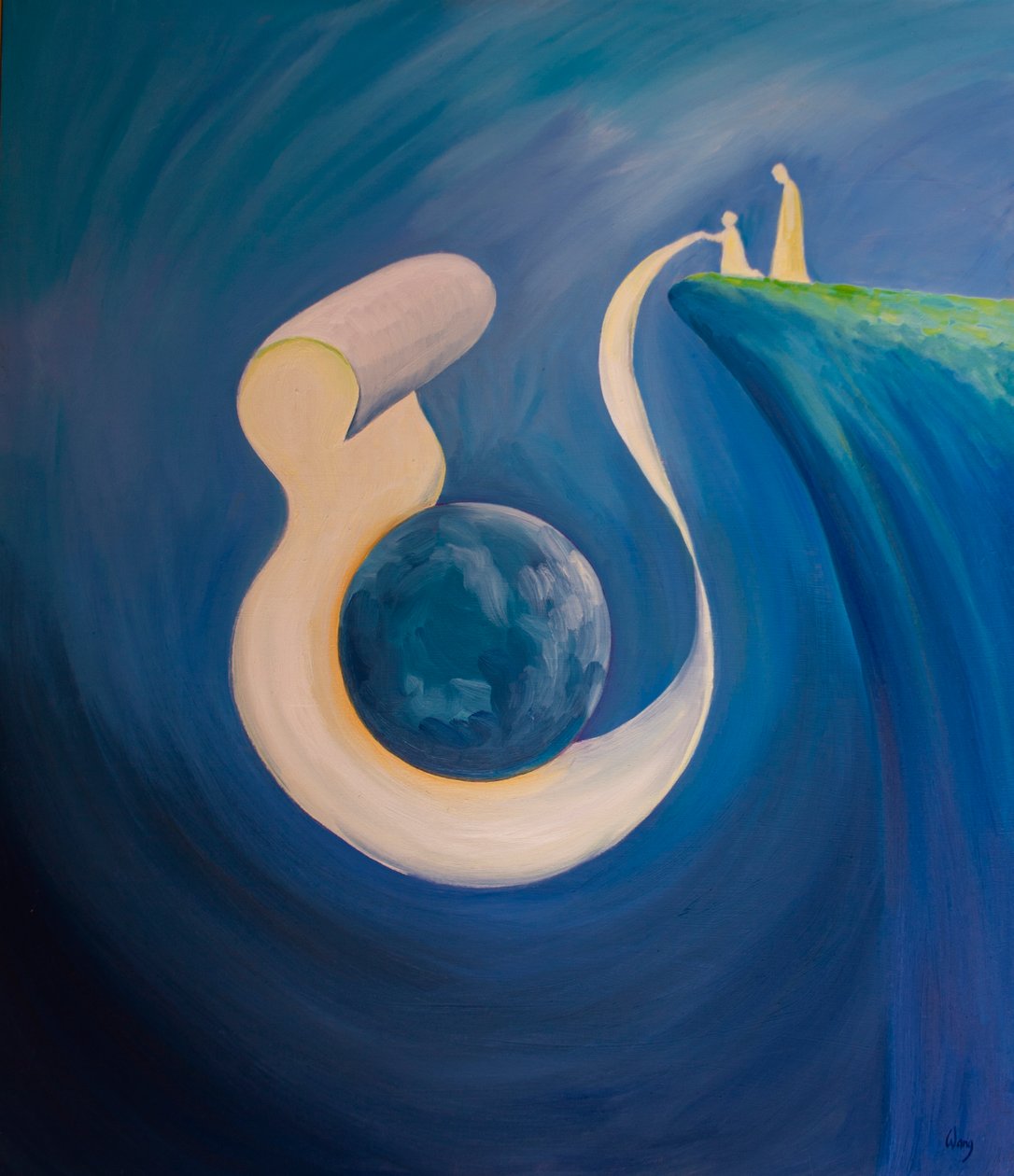 Quando oramos em nome de Cristo, nossa oração pode envolver o mundo inteiro, 2000 (óleo a bordo) de Elizabeth Wang