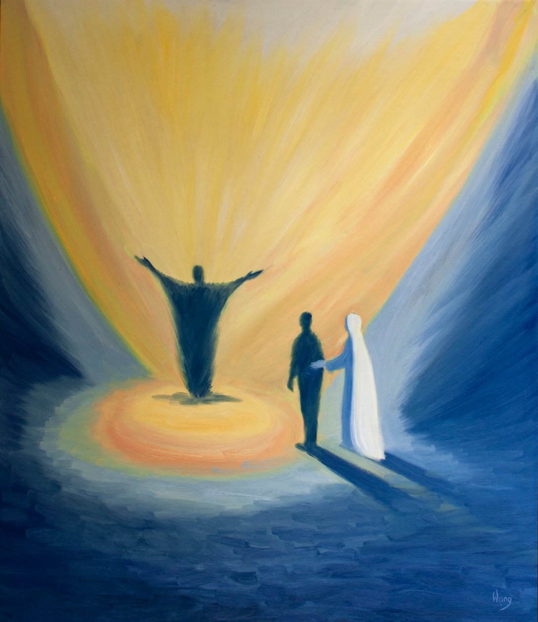 Quando rezamos a Maria, ela nos aproxima de Cristo, seu filho, para que possamos juntar sua oração ao Pai, 2001 (óleo a bordo) de Elizabeth Wang