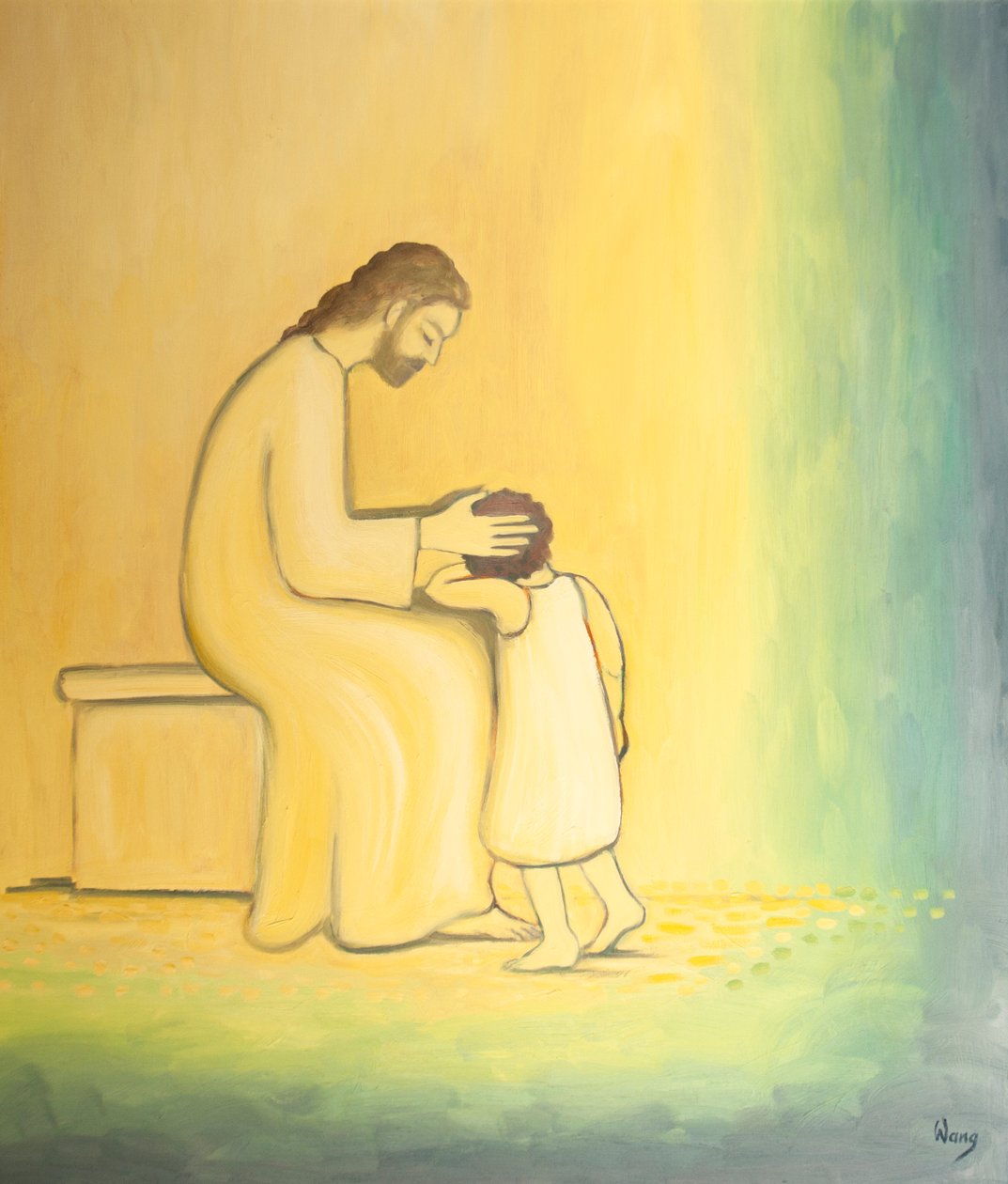Quando nos arrependemos dos nossos pecados, Jesus Cristo olha para nós com ternura como quando uma mãe abraça o seu filho, 2001 (óleo a bordo) de Elizabeth Wang