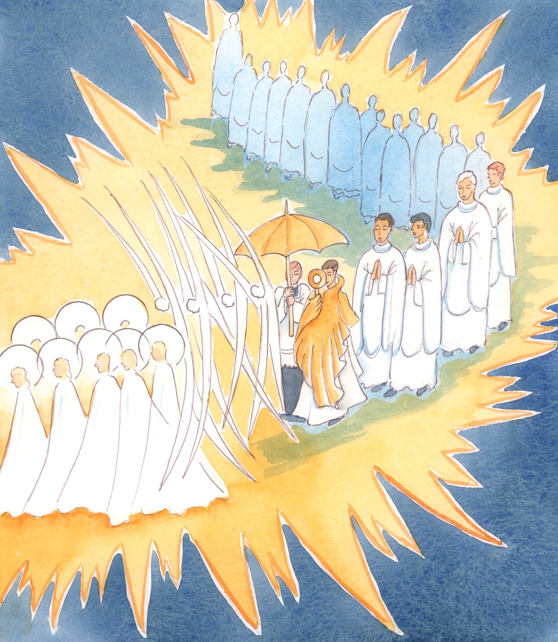 Sempre que honramos a Presença de Jesus no Santíssimo Sacramento, os anjos e santos se juntam a nós em nossa adoração, 2004 (w - c no papel) de Elizabeth Wang