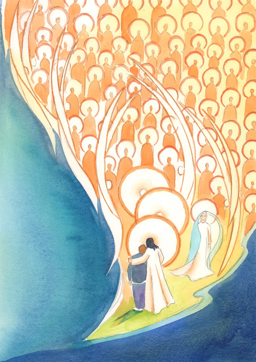 Sempre que oramos em nome de Jesus, mesmo na escuridão ou na solidão, compartilhamos da vida de toda a companhia do Céu, 2004 (w - c no papel) de Elizabeth Wang