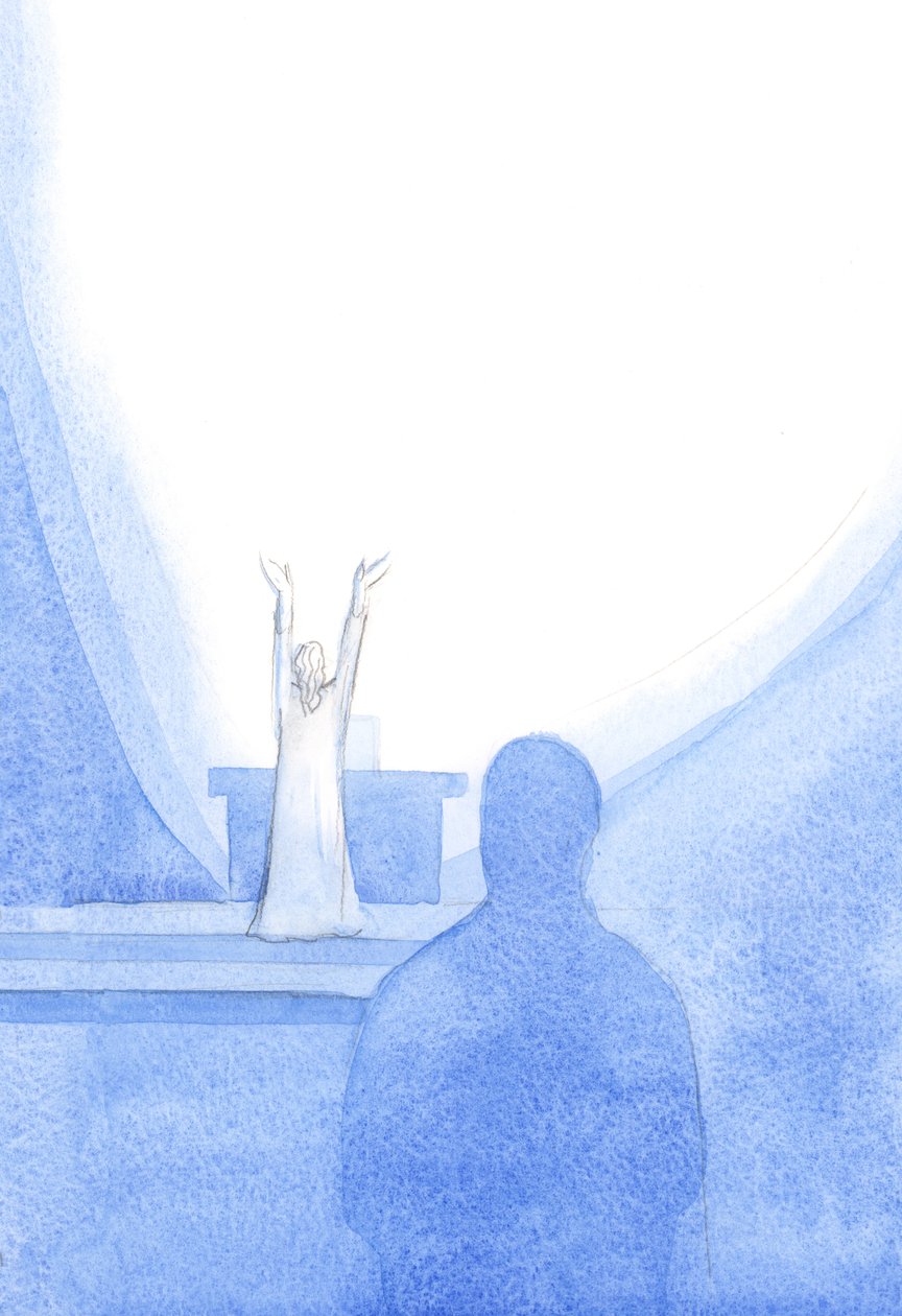 Sempre que oramos ao Pai, em nome de Cristo (unidos às intenções de Cristo) é como se o céu se abrisse para nos receber e receber a nossa oração, 2001 (w - c no papel) de Elizabeth Wang