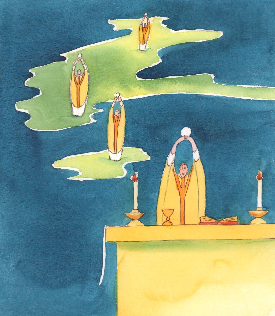 Sempre que um padre católico oferece o Santo Sacrifício da Missa, está Jesus Cristo, Presente com Seu Povo, 2000 (w - c no papel) de Elizabeth Wang