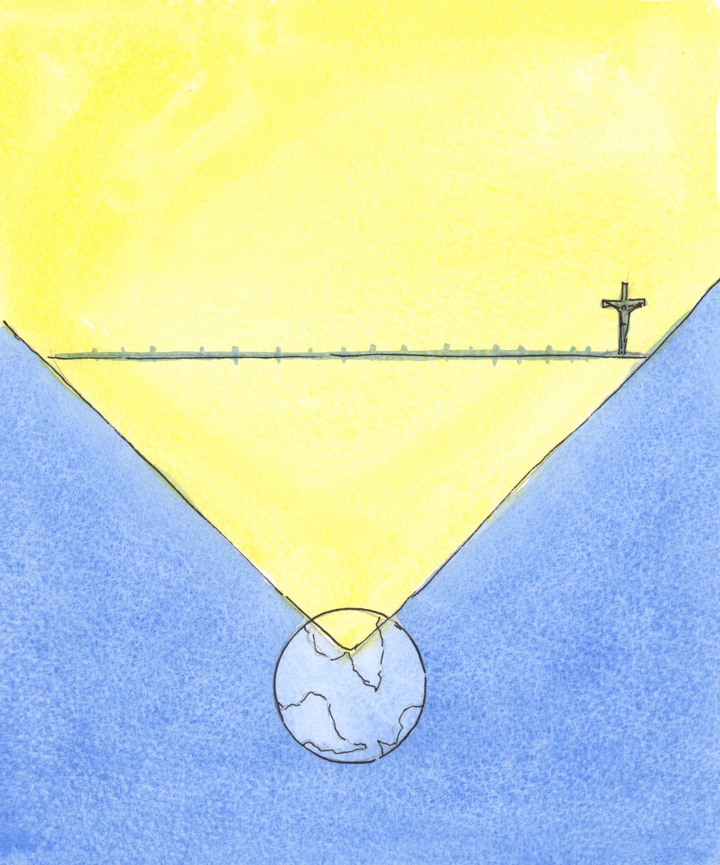 Onde quer que a missa seja celebrada, os presentes estão presentes a toda a obra redentora de Cristo, realizada durante a sua vida na terra e incluindo a sua morte na cruz, 2004 (w - c no papel) de Elizabeth Wang