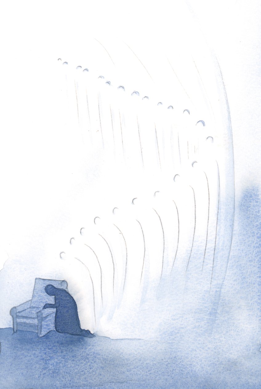 Onde quer que adoremos, os anjos nos acompanham em nossas palavras e gestos reverentes, curvando-se diante de Deus nosso Pai e Criador., 2001 (w - c no papel) de Elizabeth Wang