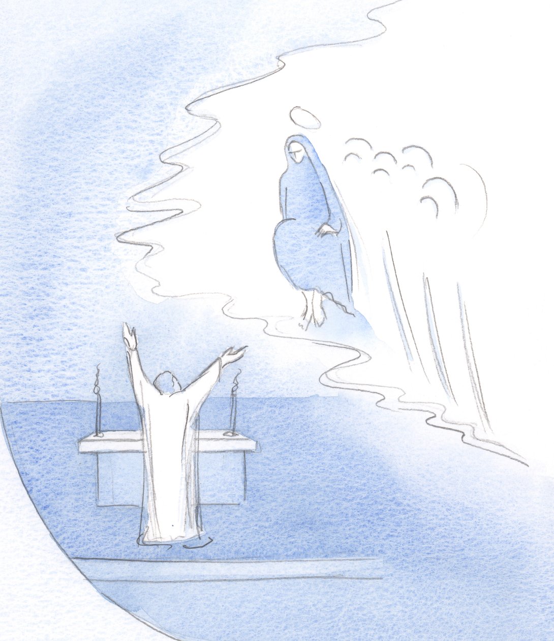 Com que alegria Cristo (no altar) louva a Sua Mãe, admirando a Sua pessoa e o trabalho de toda a sua vida., 2001 (w - c no papel) de Elizabeth Wang