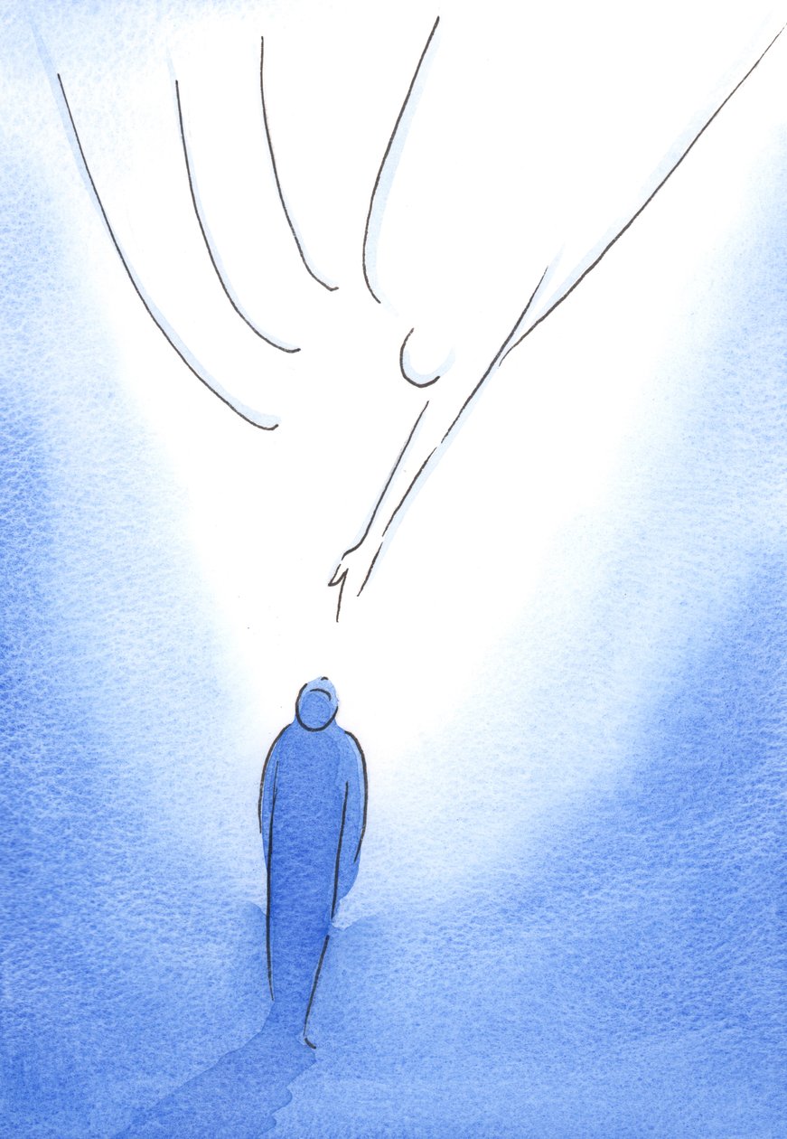 Dentro do manto de Nossa Senhora, a alma alegre é alimentada por Cristo, iluminada pelo Seu Espírito e instada a olhar para cima em direção ao Pai, 2002 (w - c no papel) de Elizabeth Wang