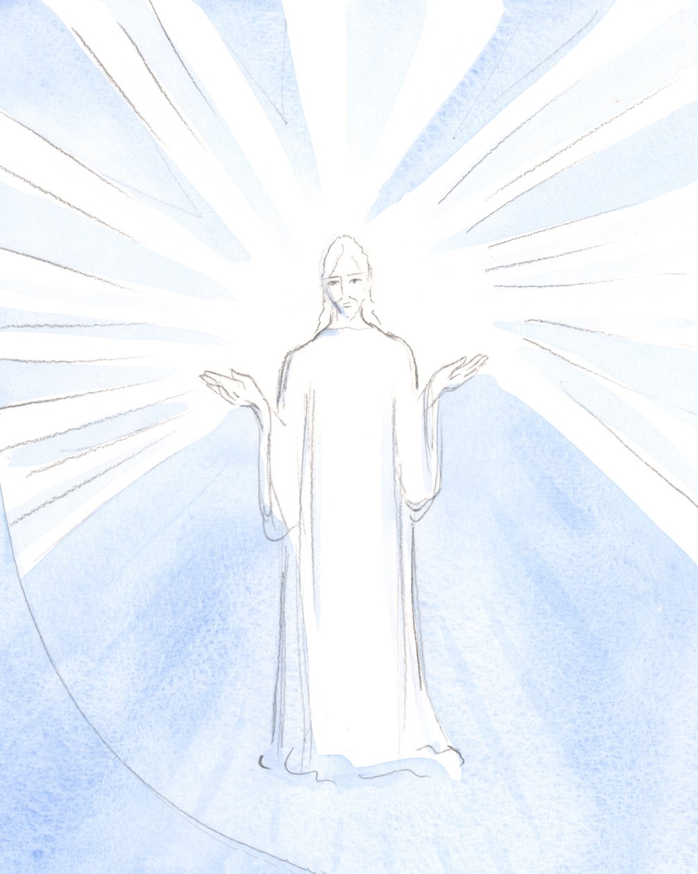 "Só Tu és o Santo": vi Cristo, com as palmas das mãos voltadas para o Pai, enquanto rezava por nós (na Santa Missa)., 2000 (w - c no papel) de Elizabeth Wang