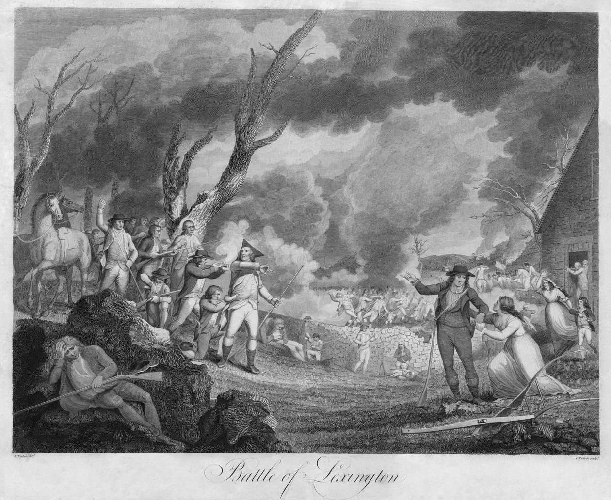 Batalha de Lexington, gravada por Cornelius Tiebout (1768-1835) (gravura) de Elkanah (after) Tisdale