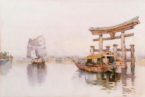 Portão Torii na Entrada do Santuário Itsukushima, Miyijima, Japão (aguarela sobre papel) de Ella Du Cane