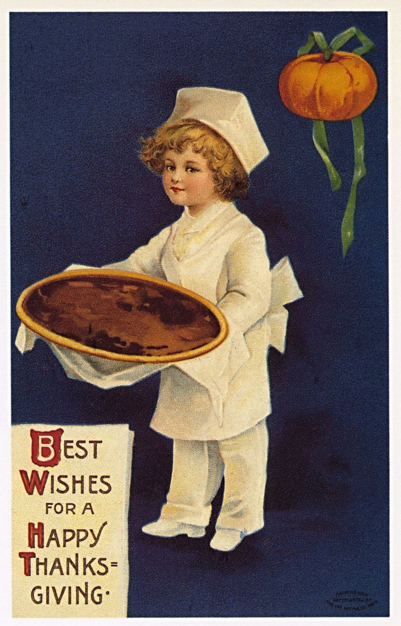 Ação de Graças: cartão de boas-vindas com uma criança vestida de cozinheira apresentando o prato tradicional de Ellen Hattie Clapsaddle