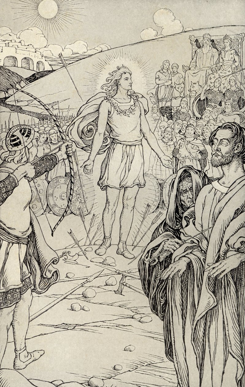 Cada seta superou sua cabeça, ilustração de &39;Mitos de muitas terras&39;, publicado em 1912 de Elmer Boyd Smith